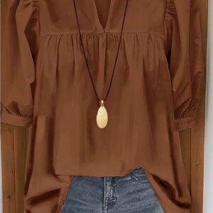 SHEIN Brown V-Neck Balloon Sleeve Tunic